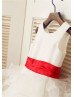 Ivory Satin Organza Ruffled Flower Girl Dress With Red Belt